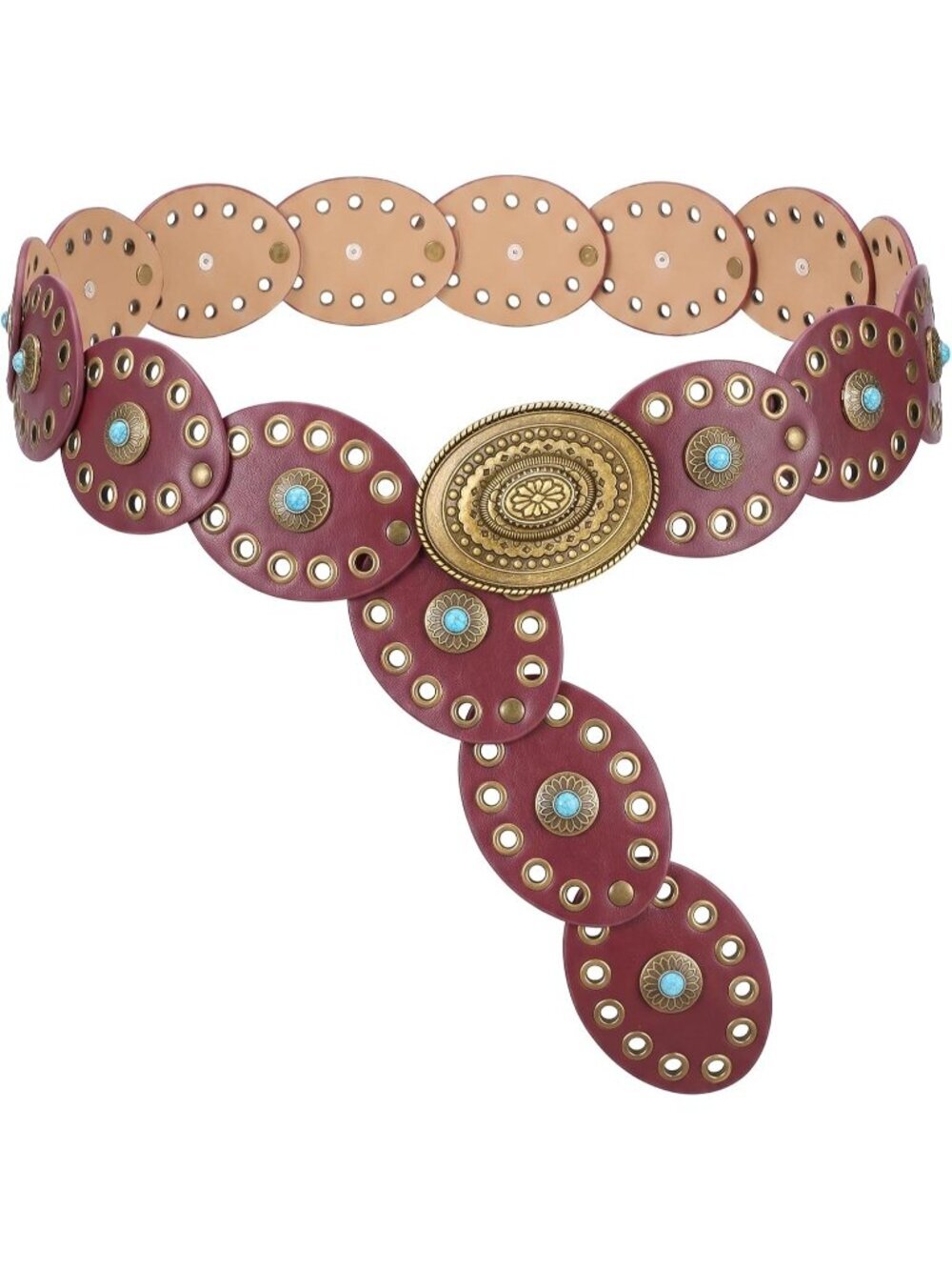 Women Burgundy/Gold Western Belt Wide Disc Belt Cowgirl Boho Concho Leather Belt